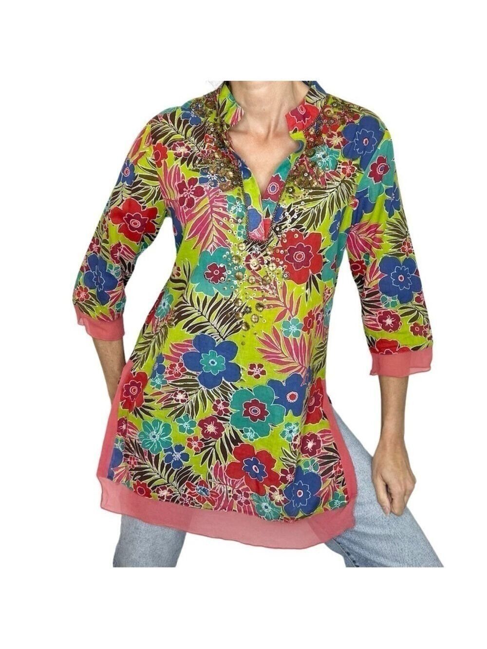 Holt Renfrew pure cotton green pink tropical floral print gauzey tunic top M